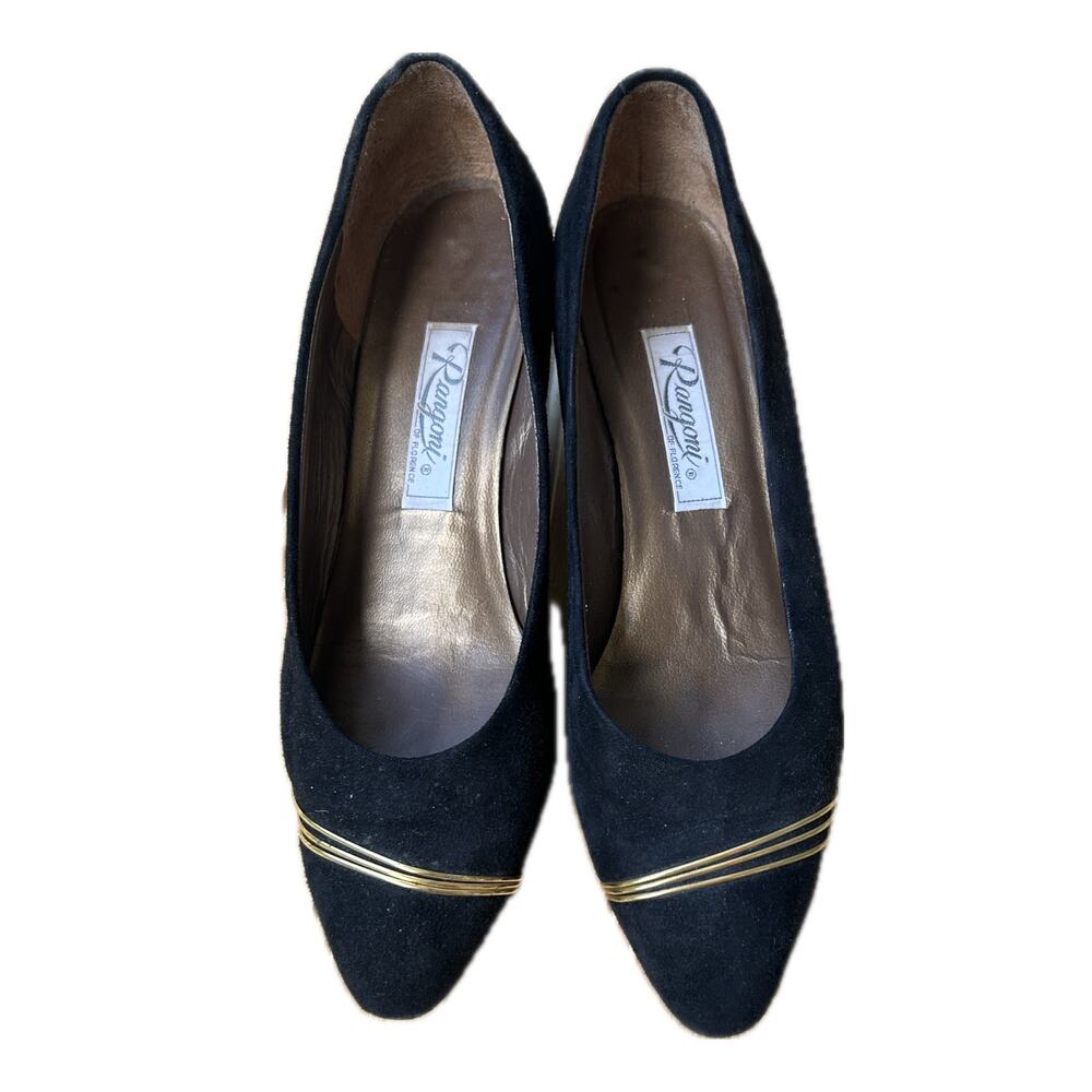 Vintage 1980s Black Suede Heels Gold Trim Made in Italy / size 8 Narrow